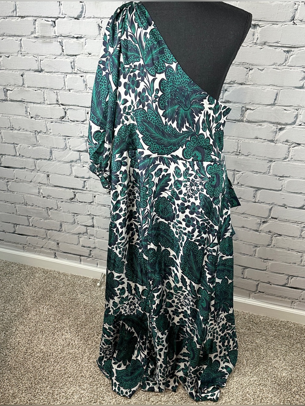 J. Crew Silky One Shoulder Ruffle Hem Dress Size 24 Emerald Navy Floral Formal - Picture 2 of 16